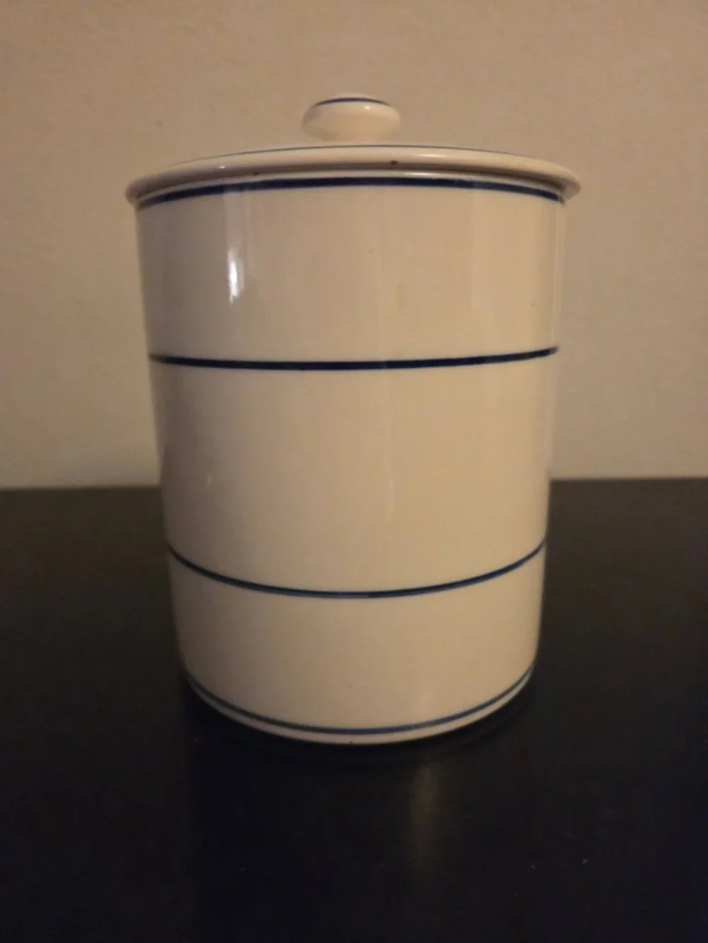 Canister vintage German ceramic Art nouveau blue onion design; Sugar; lidded